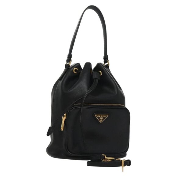PRADA Hand Bag Leather 2way Black Gold Auth 106451AV - Picture 1 of 15